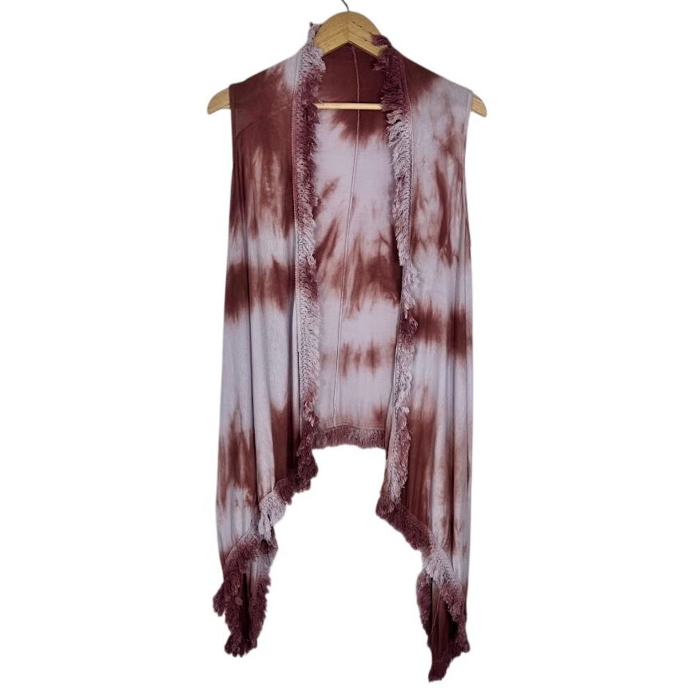 Tie Dye Fringe Draped Open Front Vest Boho Festival Sleeveless Top L/XL